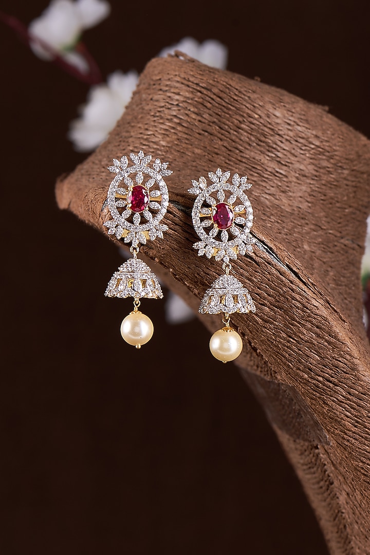 Gold Finish Moissanite Polki & Red Stone Jhumka Earrings In Sterling Silver by Hunar at Pernia's Pop Up Shop