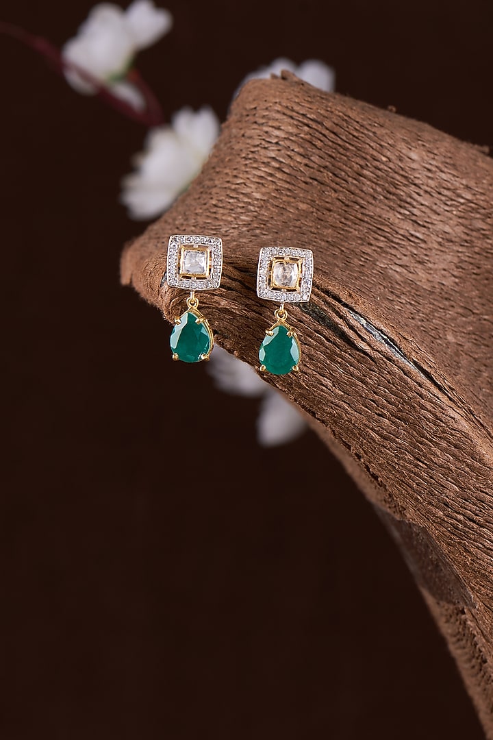 Gold Finish Moissanite Polki & Synthetic Stone Dangler Earrings In Sterling Silver by Hunar at Pernia's Pop Up Shop