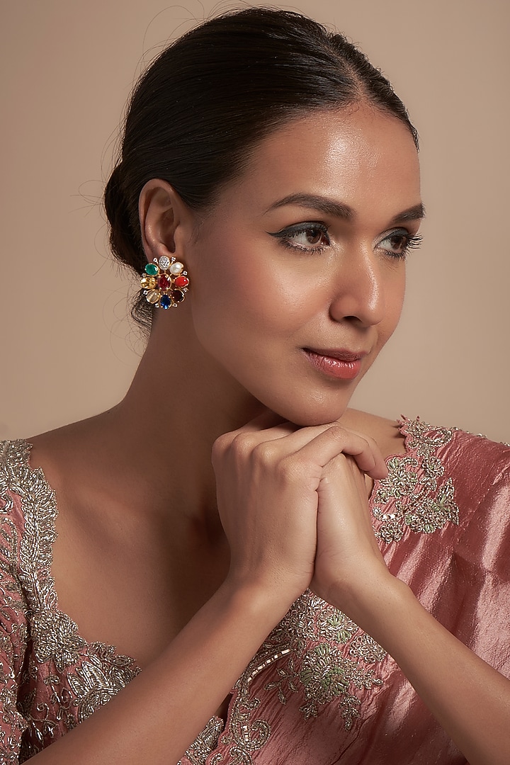 Gold Finish Moissanite Polki Stud Earrings In Sterling Silver by Hunar at Pernia's Pop Up Shop