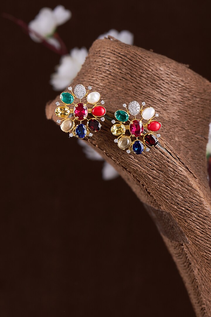 Gold Finish Moissanite Polki Stud Earrings In Sterling Silver by Hunar at Pernia's Pop Up Shop