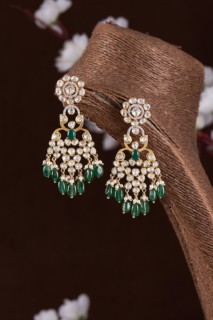 Gold Finish Moissanite Polki & Synthetic Stone Dangler Earrings In Sterling Silver by Hunar at Pernia's Pop Up Shop