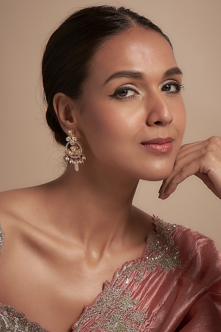 Gold Finish Moissanite Polki Dangler Earrings In Sterling Silver by Hunar at Pernia's Pop Up Shop