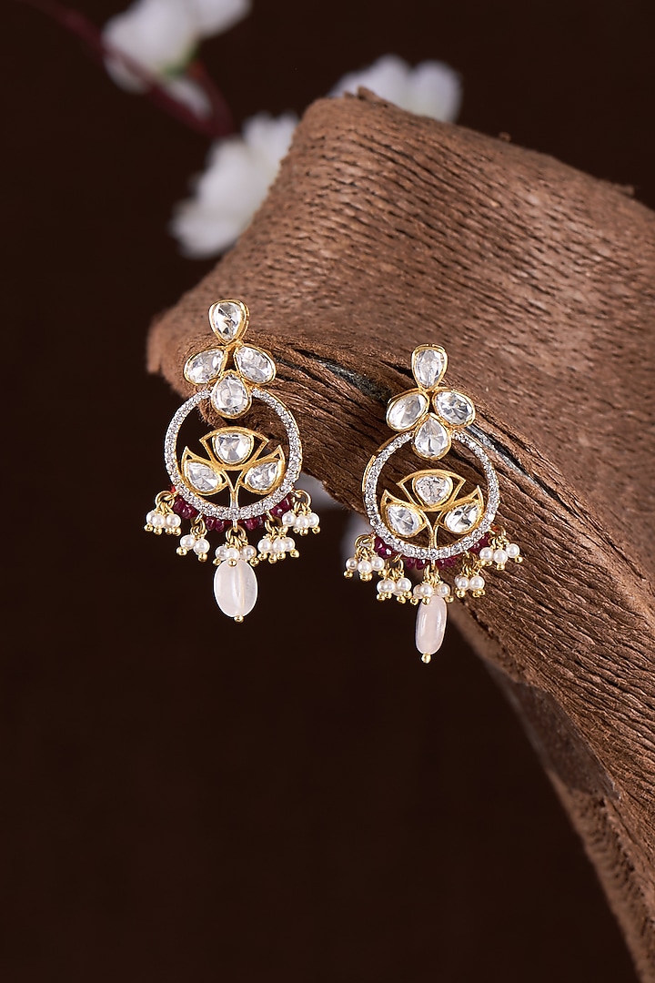 Gold Finish Moissanite Polki Dangler Earrings In Sterling Silver by Hunar at Pernia's Pop Up Shop