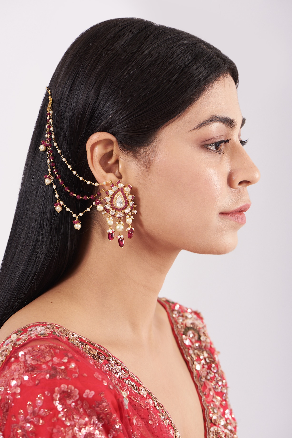 Gold Finish Moissanite Polki Dangler Earrings With Kaan Chain In