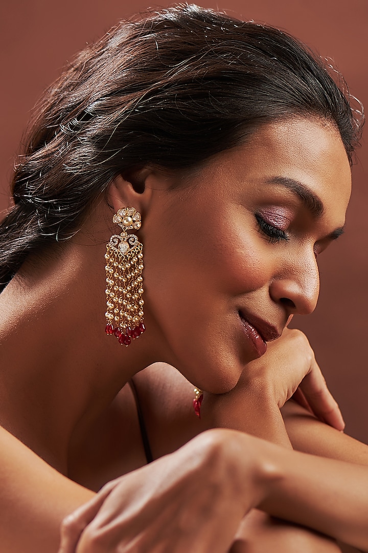 Gold Finish Moissanite Polki Dangler Earrings In Sterling Silver by Hunar at Pernia's Pop Up Shop