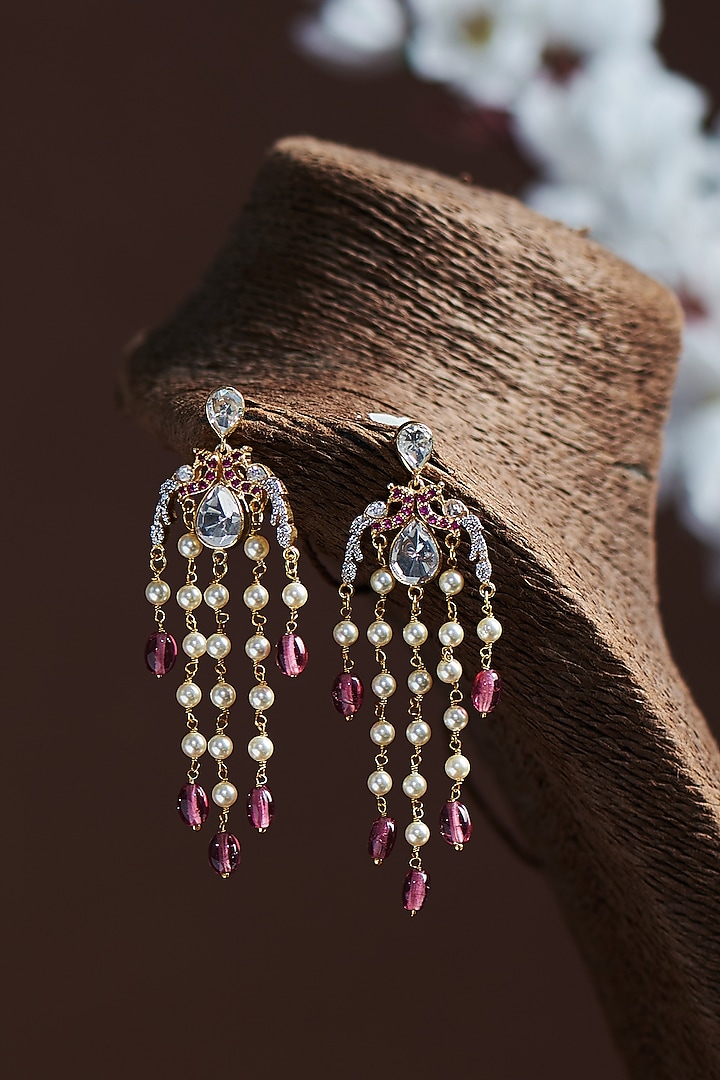 Gold Finish Moissanite Polki & Pearl Dangler Earrings In Sterling Silver by Hunar at Pernia's Pop Up Shop