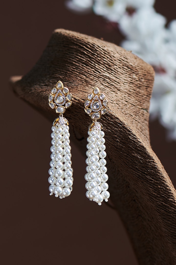 Gold Finish Moissanite Polki & Pearl Dangler Earrings In Sterling Silver by Hunar at Pernia's Pop Up Shop