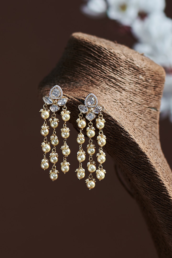 Gold Finish Moissanite Polki & Pearl Dangler Earrings In Sterling Silver by Hunar at Pernia's Pop Up Shop