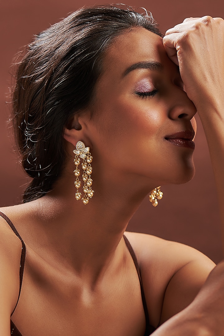 Gold Finish Moissanite Polki & Pearl Dangler Earrings In Sterling Silver by Hunar at Pernia's Pop Up Shop