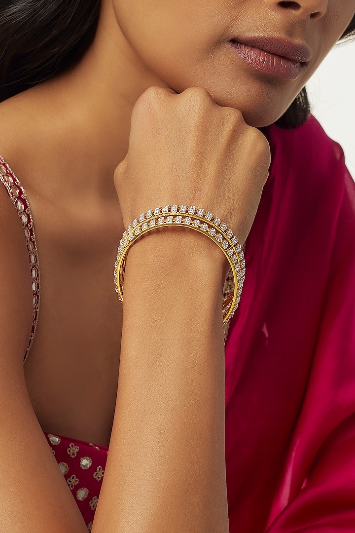 Gold Finish Moissanite Polki Bangles In Sterling Silver (Set of 2) by Hunar at Pernia's Pop Up Shop