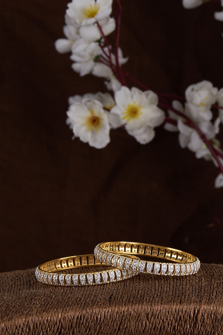Gold Finish Moissanite Polki Bangles In Sterling Silver (Set of 2) by Hunar at Pernia's Pop Up Shop