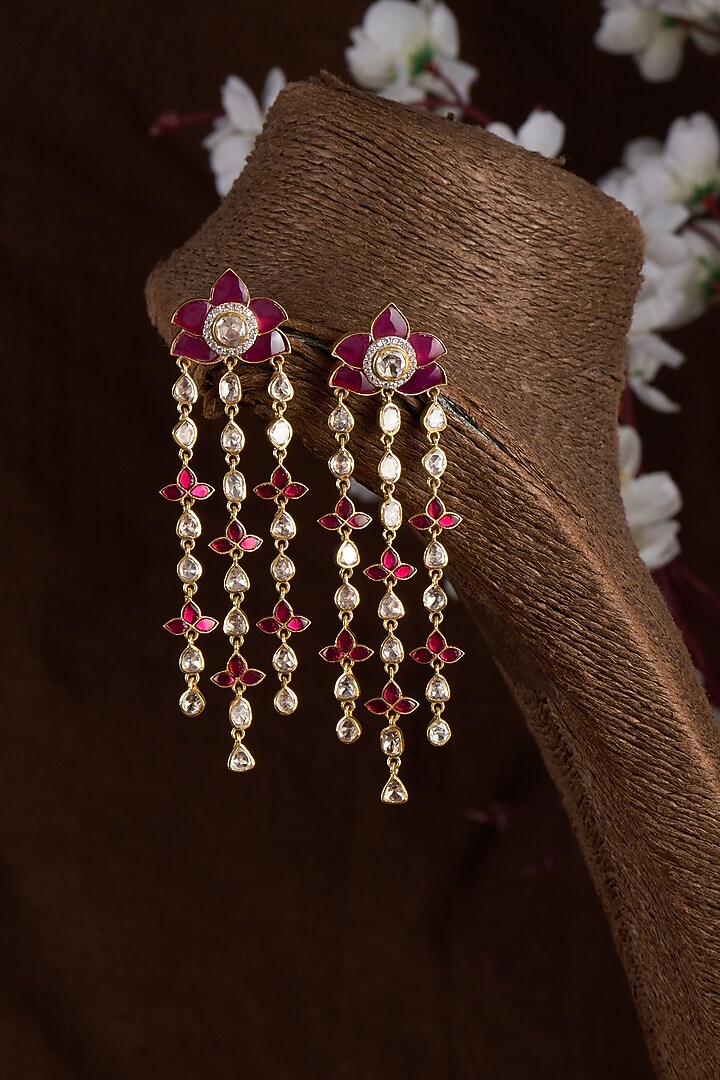 Gold Finish Moissanite Polki & Red Stone Dangler Earrings In Sterling Silver by Hunar at Pernia's Pop Up Shop