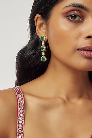 Gold Finish Moissanite Polki & Synthetic Green Stone Dangler Earrings In Sterling Silver by Hunar