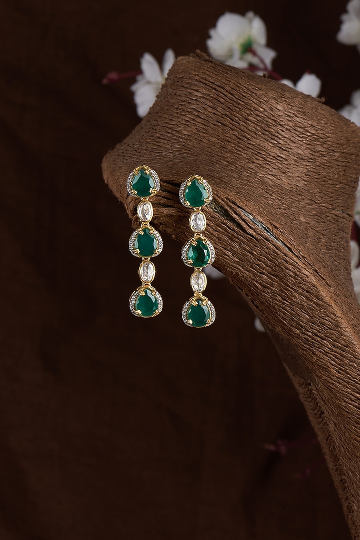 Gold Finish Moissanite Polki & Synthetic Green Stone Dangler Earrings In Sterling Silver by Hunar at Pernia's Pop Up Shop