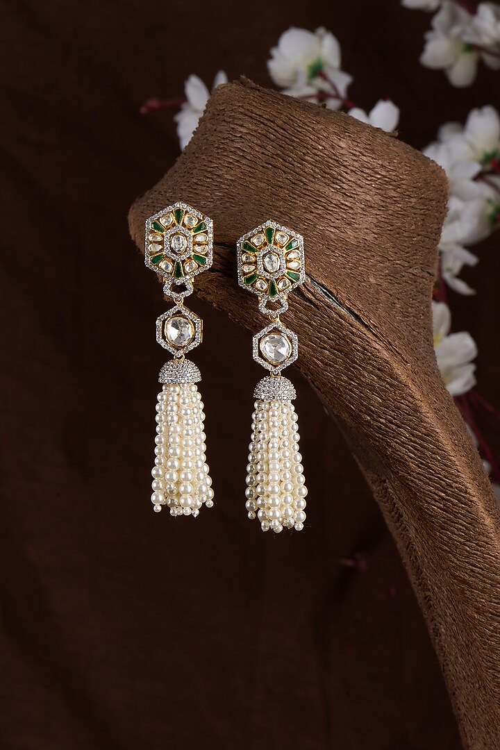 Gold Finish Moissanite Polki Dangler Earrings In Sterling Silver by Hunar at Pernia's Pop Up Shop