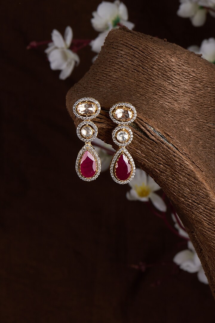 Gold Finish Moissanite Polki & Red Stone Dangler Earrings In Sterling Silver by Hunar at Pernia's Pop Up Shop