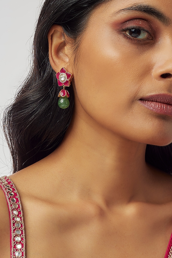 Gold Finish Moissanite Polki & Red Stone Dangler Earrings In Sterling Silver by Hunar at Pernia's Pop Up Shop