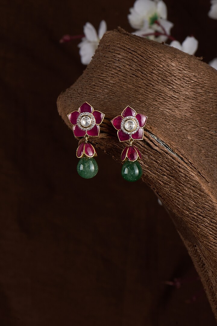 Gold Finish Moissanite Polki & Red Stone Dangler Earrings In Sterling Silver by Hunar at Pernia's Pop Up Shop