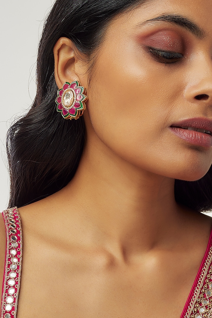 Gold Finish Moissanite Polki & Red Stone Stud Earrings In Sterling Silver by Hunar at Pernia's Pop Up Shop