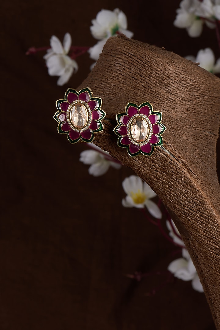 Gold Finish Moissanite Polki & Red Stone Stud Earrings In Sterling Silver by Hunar at Pernia's Pop Up Shop