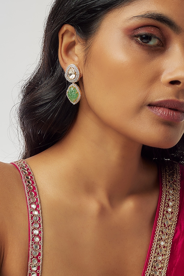 Gold Finish Moissanite Polki & Synthetic Green Stone Dangler Earrings In Sterling Silver by Hunar at Pernia's Pop Up Shop