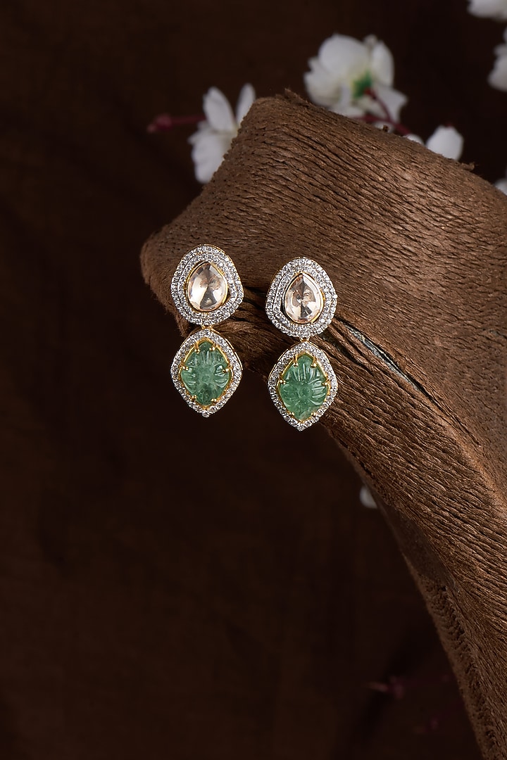 Gold Finish Moissanite Polki & Synthetic Green Stone Dangler Earrings In Sterling Silver by Hunar at Pernia's Pop Up Shop