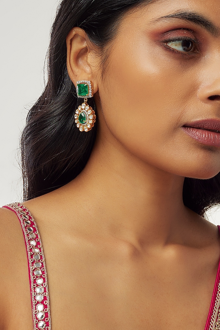 Gold Finish Moissanite Polki & Synthetic Green Stone Dangler Earrings In Sterling Silver by Hunar at Pernia's Pop Up Shop