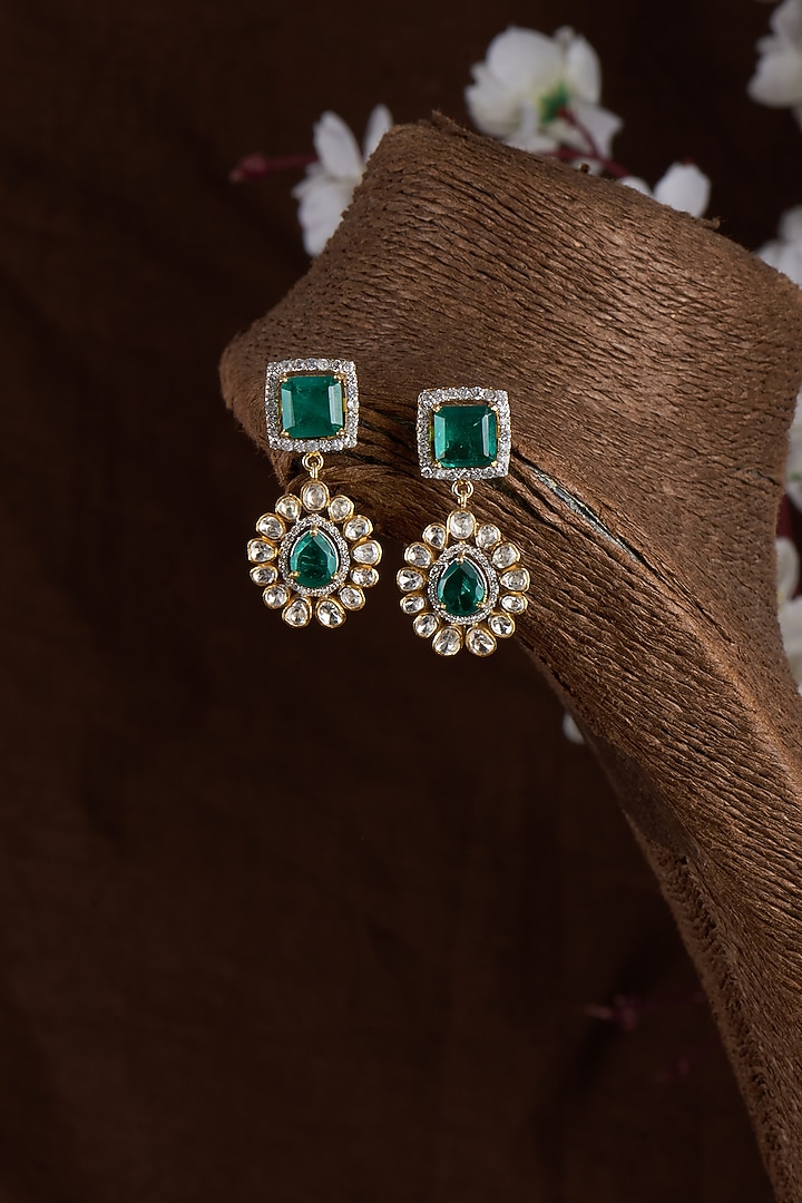 Gold Finish Moissanite Polki & Synthetic Green Stone Dangler Earrings In Sterling Silver by Hunar at Pernia's Pop Up Shop