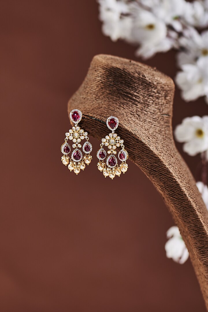 Gold Finish Moissanite Polki & Ruby Stone Dangler Earrings In Sterling Silver by Hunar at Pernia's Pop Up Shop