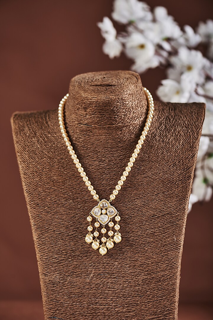 Gold Finish Moissanite Polki & Pear Necklace In Sterling Silver by Hunar at Pernia's Pop Up Shop