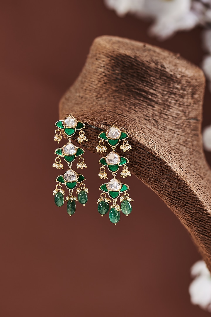 Gold Finish Moissanite Polki & Emerald Stone Dangler Earrings In Sterling Silver by Hunar at Pernia's Pop Up Shop