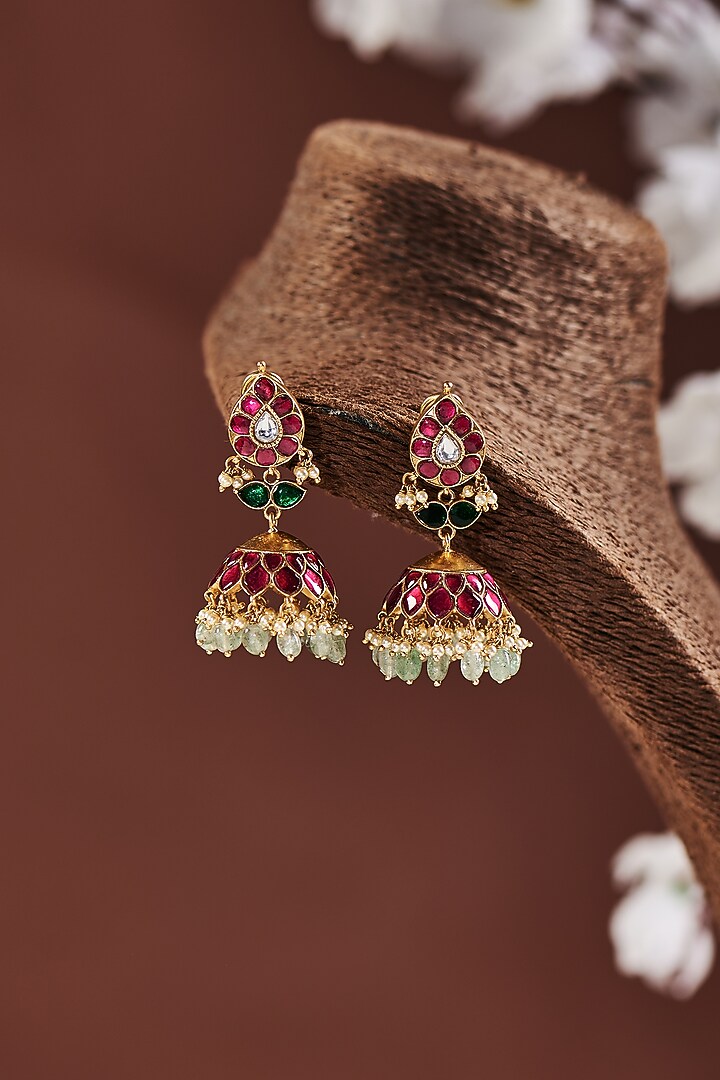 Gold Finish Moissanite & Ruby Synthetic Stone Jhumka Earrings In Sterling Silver by Hunar at Pernia's Pop Up Shop