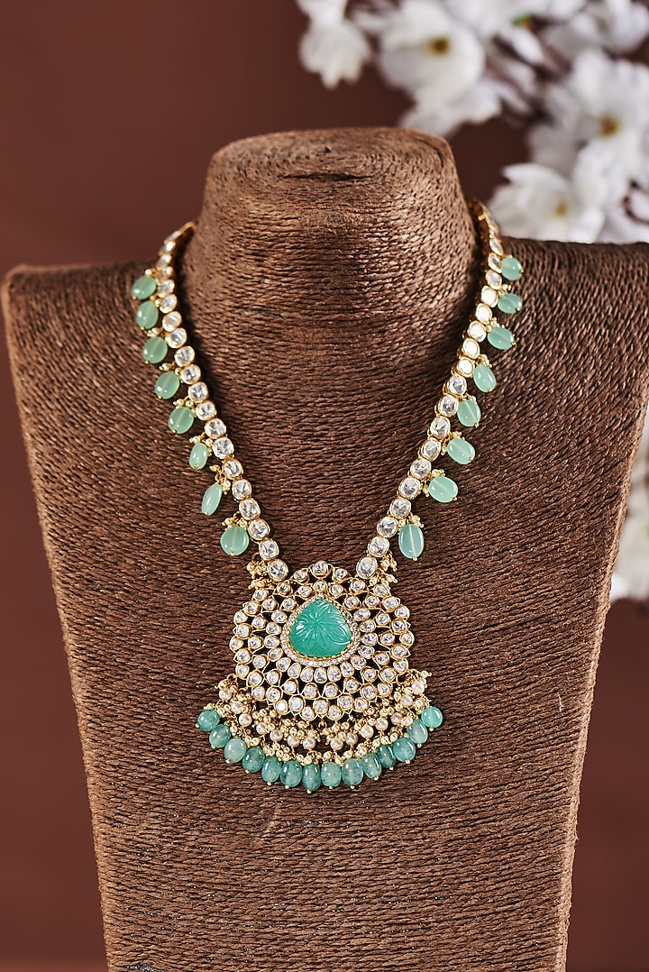 Gold Finish Moissanite Polki Long Necklace In Sterling Silver by Hunar at Pernia's Pop Up Shop