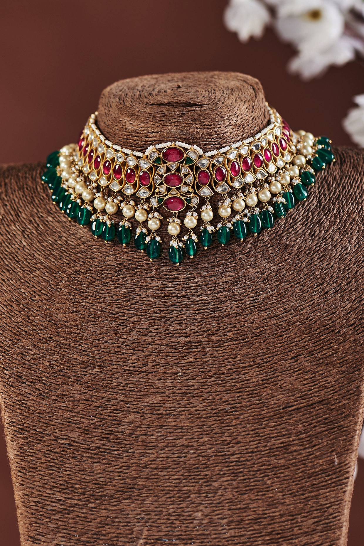 Ruby pearl drop high neck choker