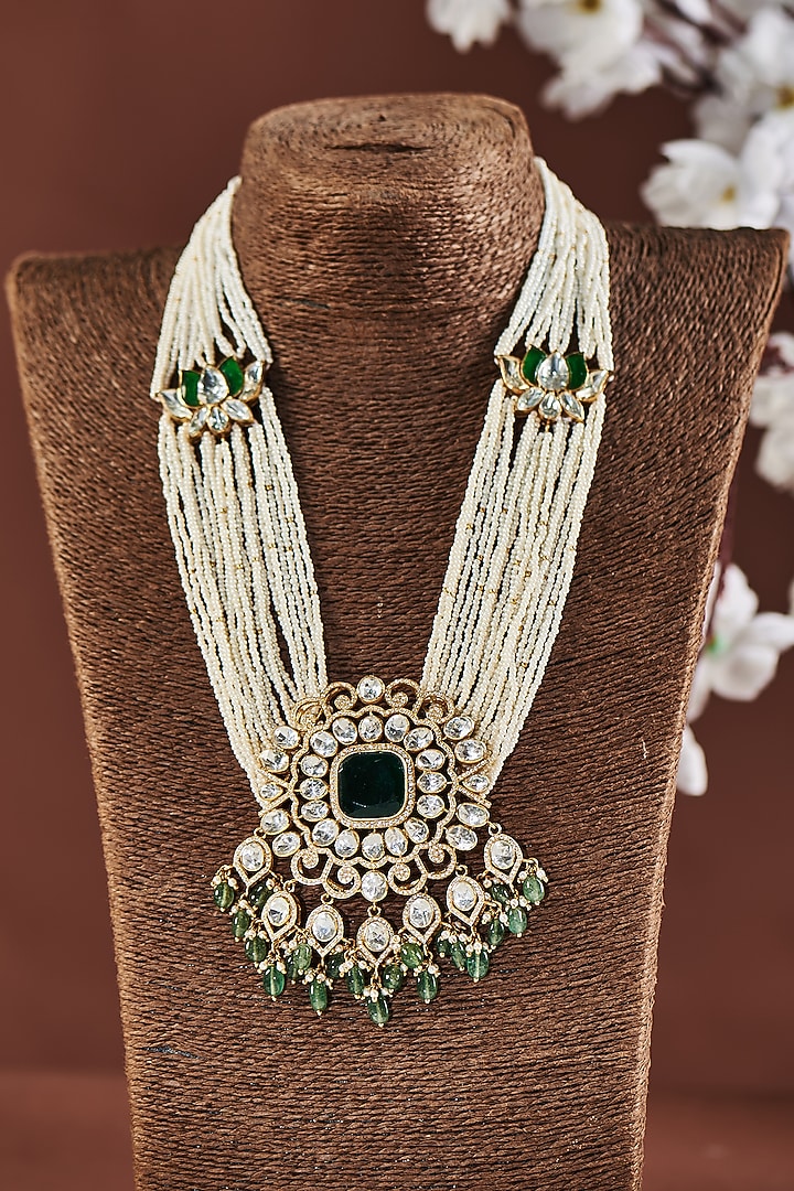 Gold Finish Moissanite Polki & Green Stone Long Necklace In Sterling Silver by Hunar at Pernia's Pop Up Shop