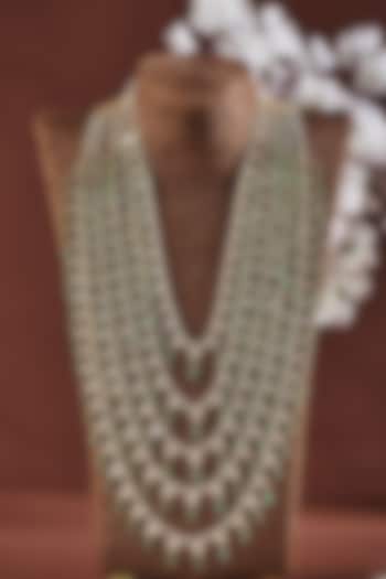 Gold Finish Layered Long Necklace With Pearls In Sterling Silver by Hunar at Pernia's Pop Up Shop
