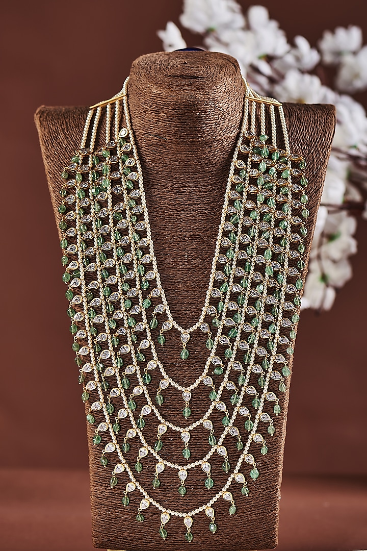 Gold Finish Layered Long Necklace With Pearls In Sterling Silver by Hunar at Pernia's Pop Up Shop