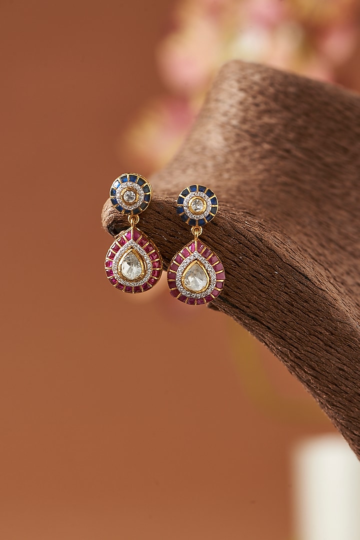 Gold Finish Moissanite Polki & Ruby Stone Dangler Earrings In Sterling Silver by Hunar at Pernia's Pop Up Shop