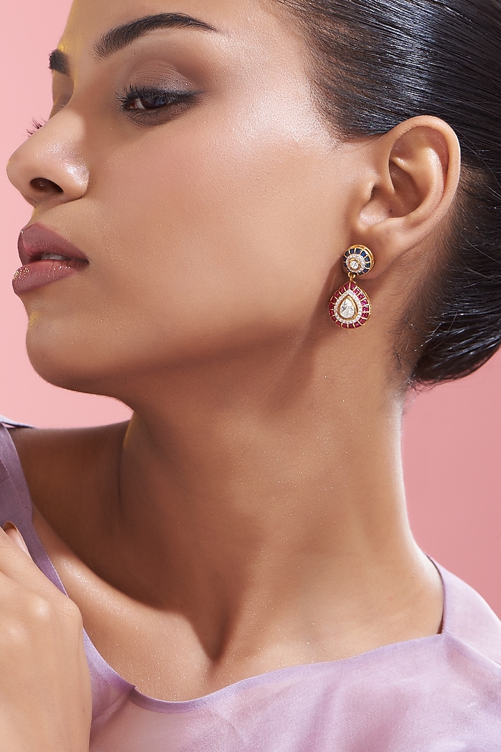 Gold Finish Moissanite Polki & Ruby Stone Dangler Earrings In Sterling Silver by Hunar at Pernia's Pop Up Shop
