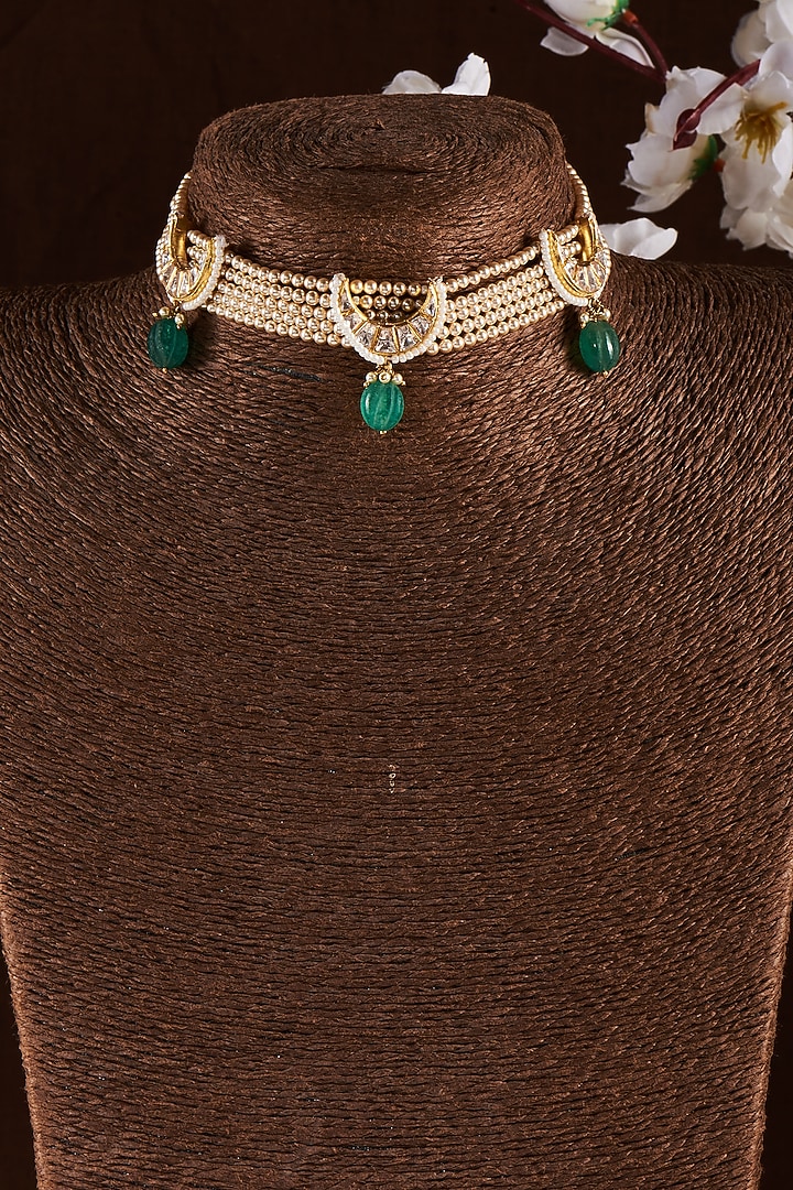 Gold Finish Moissanite Polki & Pearls Choker Necklace In Sterling Silver by Hunar at Pernia's Pop Up Shop