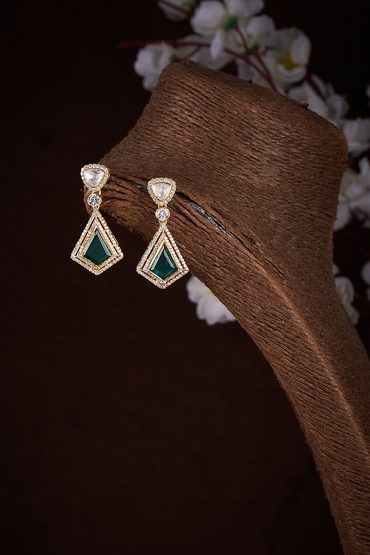 Gold Finish Moissanite Polk & Green Stone Dangler Earrings In Sterling Silver by Hunar at Pernia's Pop Up Shop