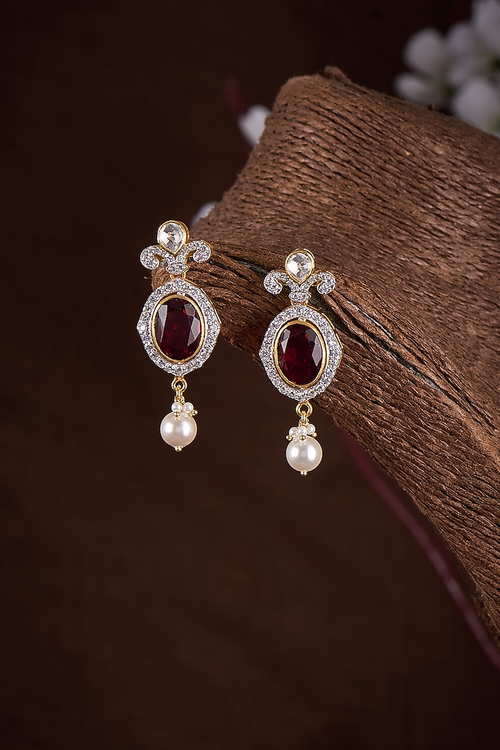 Gold Finish Moissanite Polki & Red Stone Dangler Earrings In Sterling Silver by Hunar at Pernia's Pop Up Shop