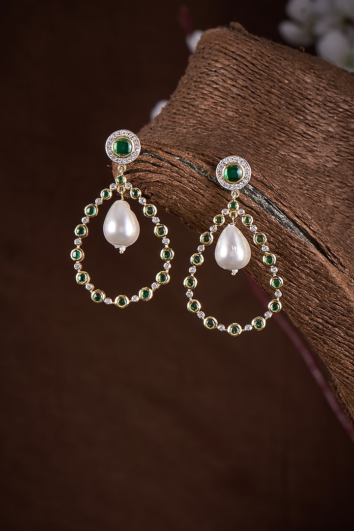 Gold Finish Moissanite Polki & Green Stone Dangler Earrings In Sterling Silver by Hunar at Pernia's Pop Up Shop