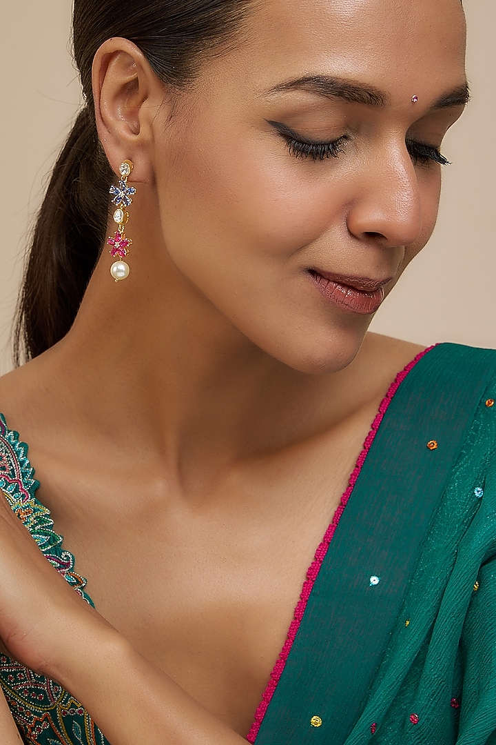 Gold Finish Moissanite Polki & Multi-Colored Stone Dangler Earrings In Sterling Silver by Hunar at Pernia's Pop Up Shop