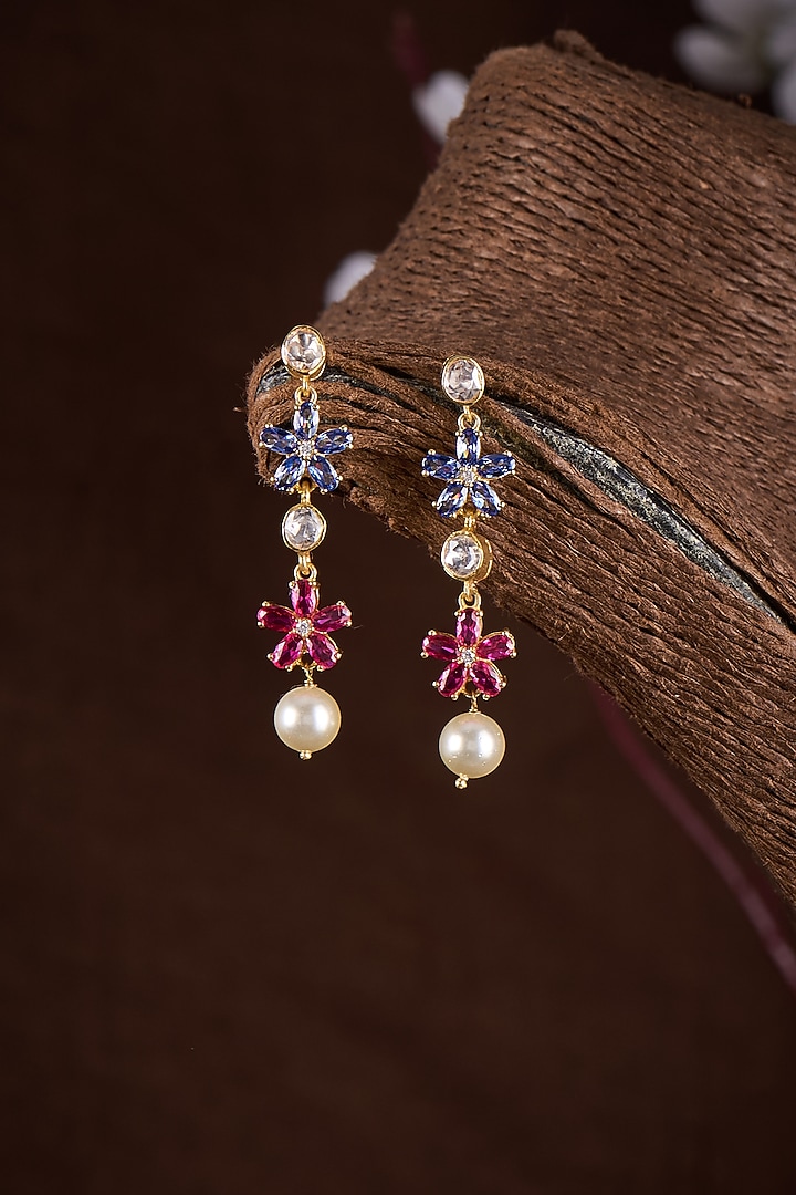 Gold Finish Moissanite Polki & Multi-Colored Stone Dangler Earrings In Sterling Silver by Hunar at Pernia's Pop Up Shop