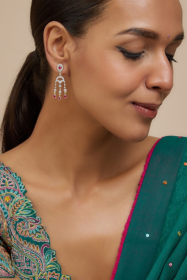 Gold Finish Moissanite Polki & Red Stone Dangler Earrings In Sterling Silver by Hunar at Pernia's Pop Up Shop