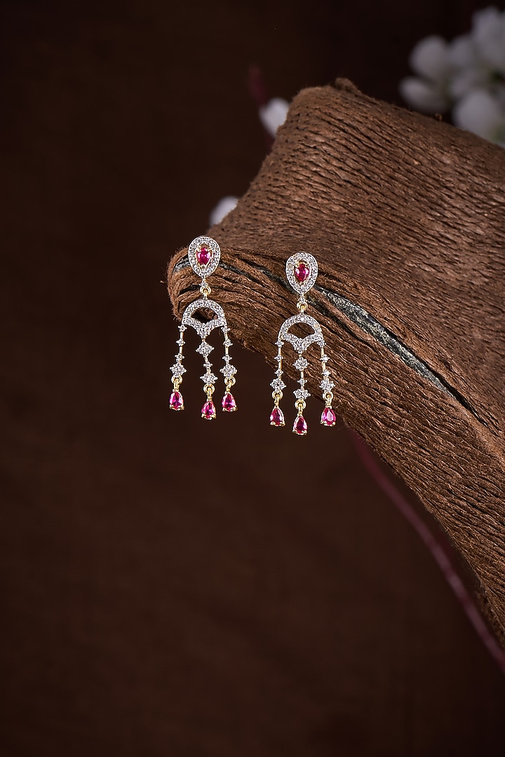 Gold Finish Moissanite Polki & Red Stone Dangler Earrings In Sterling Silver by Hunar at Pernia's Pop Up Shop