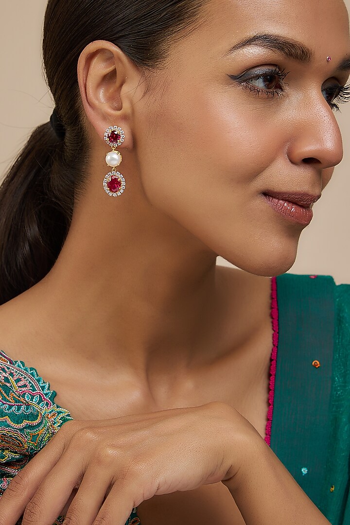 Gold Finish Moissanite Polki & Red Stone Dangler Earrings In Sterling Silver by Hunar at Pernia's Pop Up Shop
