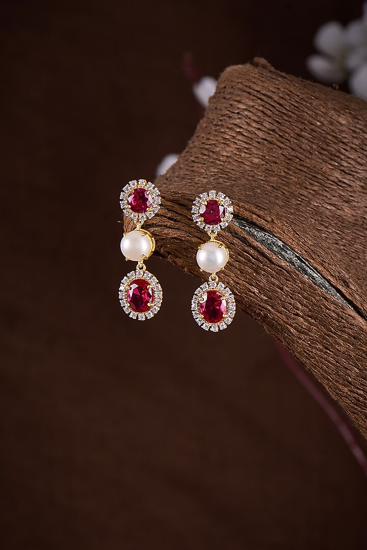 Gold Finish Moissanite Polki & Red Stone Dangler Earrings In Sterling Silver by Hunar at Pernia's Pop Up Shop