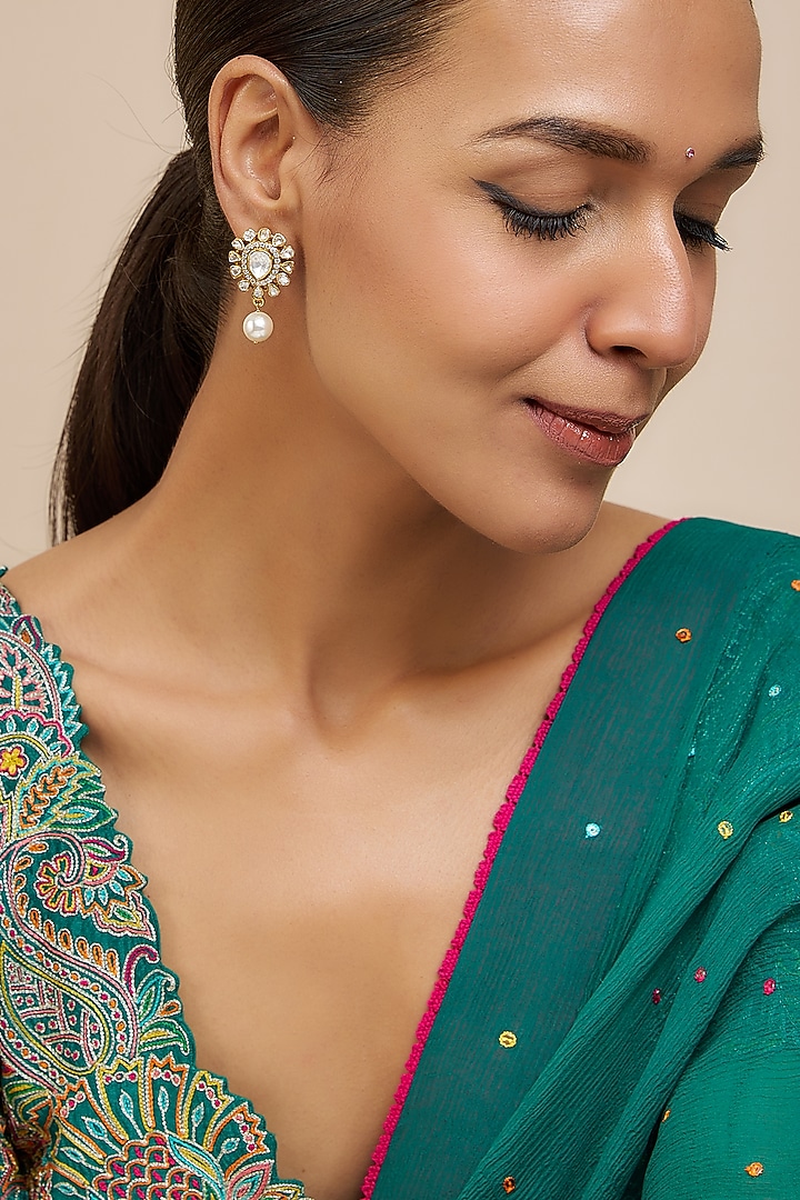 Gold Finish Moissanite Polki Dangler Earrings In Sterling Silver by Hunar at Pernia's Pop Up Shop